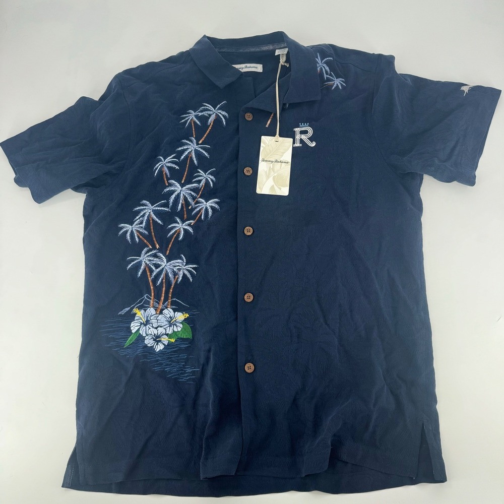 Tommy Bahama Mens Silk Camp Shirt Blue Tree Embroidered M Kansas City Royals